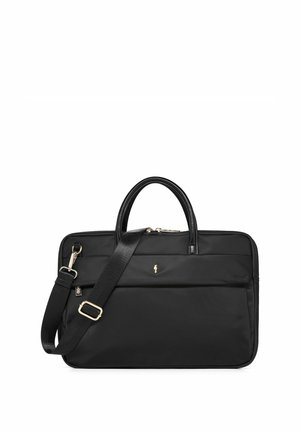 Czarna prostokątna torba na laptopa z górnymi uchwytami, regulowanym paskiem na ramię, przednią kieszenią na zamek i małym złotym logo na przodzie.