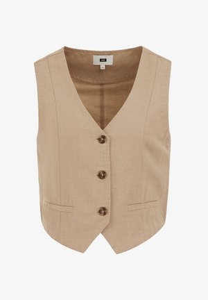 Beige linnen vest met een V-hals, drie knopen aan de voorkant en twee zijzakken. Glad textuur, getailleerde vorm en een schone uitstraling.