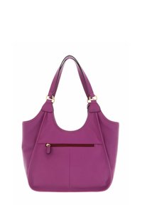 Lila Lederhandtasche mit rundem Design und zwei Schulterriemen. Verfügt über eine Fronttasche mit Reißverschluss und Akzente aus goldfarbenem Metall.