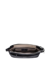 Svart läderhandväska med en slät yta, dragkedjestängning och ett invändigt fack. Fodrad med beige tyg och har en varumärkesetikett.