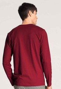 Langarm shirt in donkerrood katoen, ronde hals, gladde textuur, getailleerd ontwerp, effen achterkant, geen zichtbare patronen of versieringen.