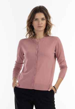 Cardigan roz deschis cu guler rotund, butoni frontal, manșete și tiv traforate; realizat dintr-un material tricotat neted.