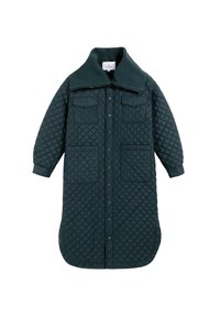 Abrigo largo acolchado en verde azulado, con un cuello alto, botones a presión, dos bolsillos de parche y una silueta relajada. Textura suave.