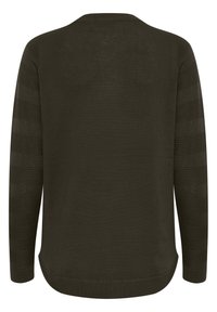 Dunkelgrüner Langarmpullover mit einem strukturierten Rippmuster an den Ärmeln. Weiches Strickmaterial, lässige Passform, abgerundeter Saum.