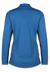 Langarm-Sportshirt in einfarbigem Blau mit schwarzen seitlichen Akzenten. Verfügt über einen flachen Kragen und einen weichen, strukturierten Stoff.