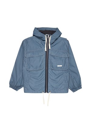 Blå ternet jakke med hætte, to forlommer, lynlåslukning og elastiske manchetter. Har snørejustering i kanten og kontrastfarvet kantbånd.