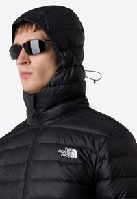 Black puffer jacket with a high collar and hood, featuring quilted sections, front zipper, and The North Face logo on the chest.