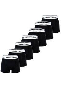 Schwarze Boxershorts mit einem weißen elastischen Bund, der das "ellesse"-Logo trägt, in einer Reihe angeordnet. Hergestellt aus einem weichen, dehnbaren Stoff.