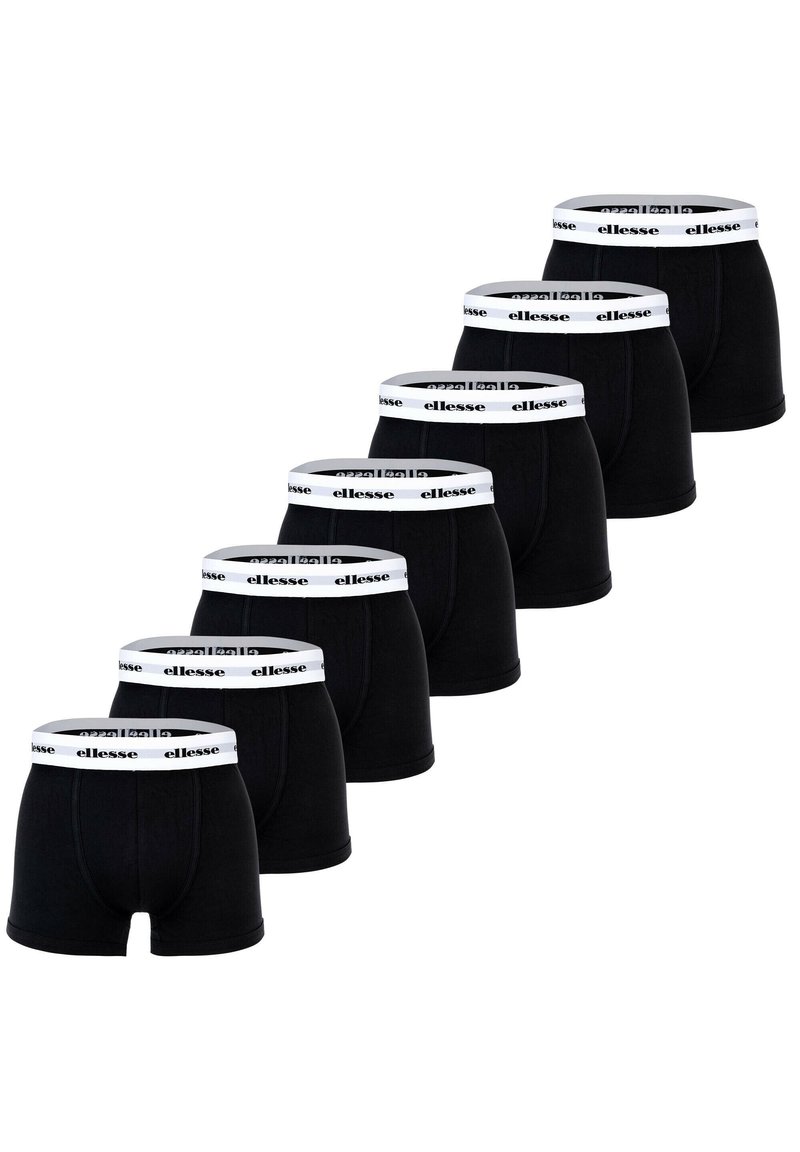 Schwarze Boxershorts mit einem weißen elastischen Bund, der das "ellesse"-Logo trägt, in einer Reihe angeordnet. Hergestellt aus einem weichen, dehnbaren Stoff.