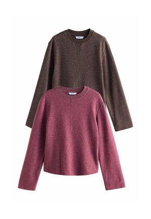 Two long-sleeve sweatshirts stacked. One is maroon with a soft texture; the other is dark brown, featuring a ribbed neckline and seam details.