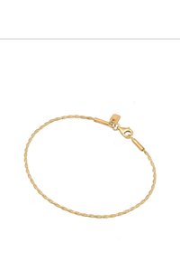 Bracciale dorato attorcigliato con un design texturizzato. Presenta un gancio a panzer e un piccolo ciondolo, che mette in mostra un motivo delicato e intricato.