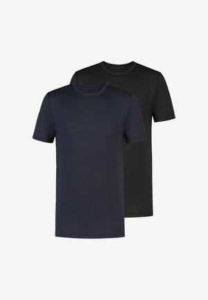 To enkle t-shirts med korte ærmer og rund hals, en marineblå foran og en sort bagpå, vist på en hvid baggrund.