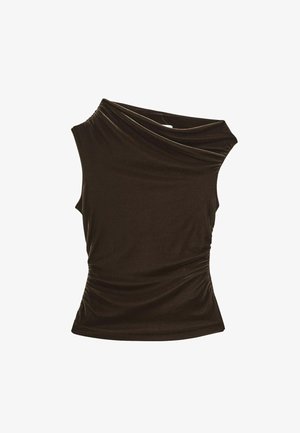Tmavohnedý bezrukávový top s drapovaným výstrihom a naťahovanými bočnými stranami, vyrobený z hladkej, elastickej látky. Žiadne viditeľné kovanie ani vzory.