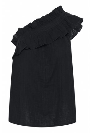 Zwarte top met één schouder van lichtgewicht stof, voorzien van rimpelrand langs de halslijn en een relaxte pasvorm. Glad textuur, zonder patronen.