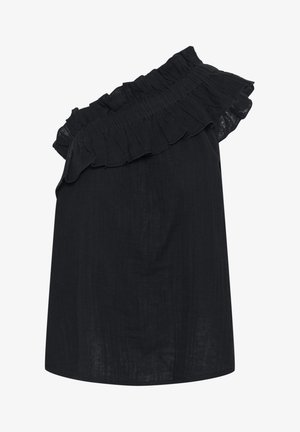 Zwarte top met één schouder van lichtgewicht stof, voorzien van rimpelrand langs de halslijn en een relaxte pasvorm. Glad textuur, zonder patronen.