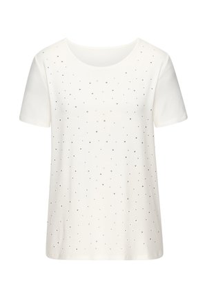 Witte T-shirt met korte mouwen, voorzien van een ronde halslijn en een patroon van zilveren metallic studdetails verspreid over de voorkant. Zachte stoftextuur.