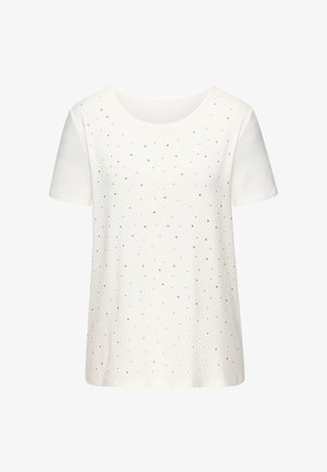 Witte T-shirt met korte mouwen, voorzien van een ronde halslijn en een patroon van zilveren metallic studdetails verspreid over de voorkant. Zachte stoftextuur.