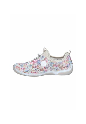 Low-profile sneaker with multicolor floral pattern, white elastic laces, and light beige sole, viewed from the side on white background.
