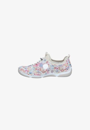 Low-profile sneaker with multicolor floral pattern, white elastic laces, and light beige sole, viewed from the side on white background.