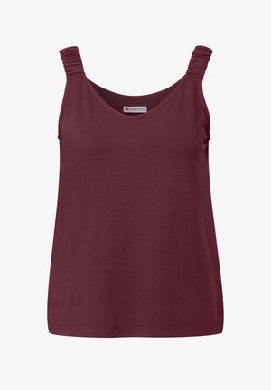 Top sin mangas burdeos con tirantes estrechos y fruncidos, y un escote redondeado. Está hecho de una tela suave y lisa con un corte relajado.