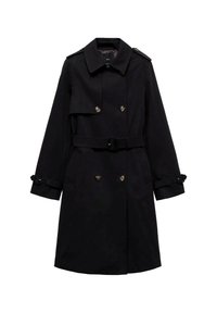 Trench-coat noir longueur genoux à boutons croisés, ceinture à la taille, épaulettes et poignets à brides réglables sur fond blanc.