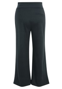 Pantalons à jambes larges en tissu gris foncé. Dotés d'une taille élastique et de deux poches arrière, texture lisse sans motifs visibles.