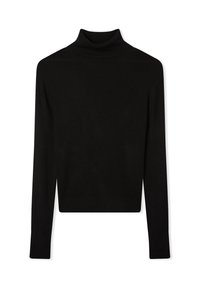 Czarny sweter z golfem, długimi rękawami, dopasowany fason, prążkowane mankiety i dół. Gładka tekstura, krótka długość.