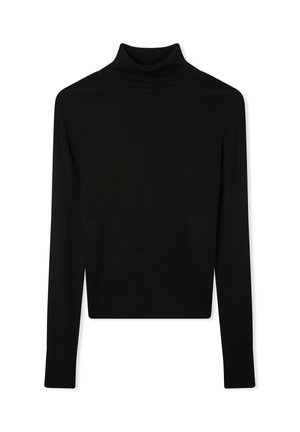 Maglione nero a collo alto con maniche lunghe, design aderente, polsi e orlo ribattuti. Texture liscia, lunghezza cropped.