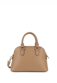 Borsa a tracolla in pelle color tan con finitura texturizzata, forma arrotondata, manici superiori doppi e tracolla removibile. Presenta dettagli in metallo dorato.