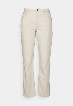 Light beige straight-leg jeans with five pockets, a top button closure, and minimal stitching details. Made from denim material.