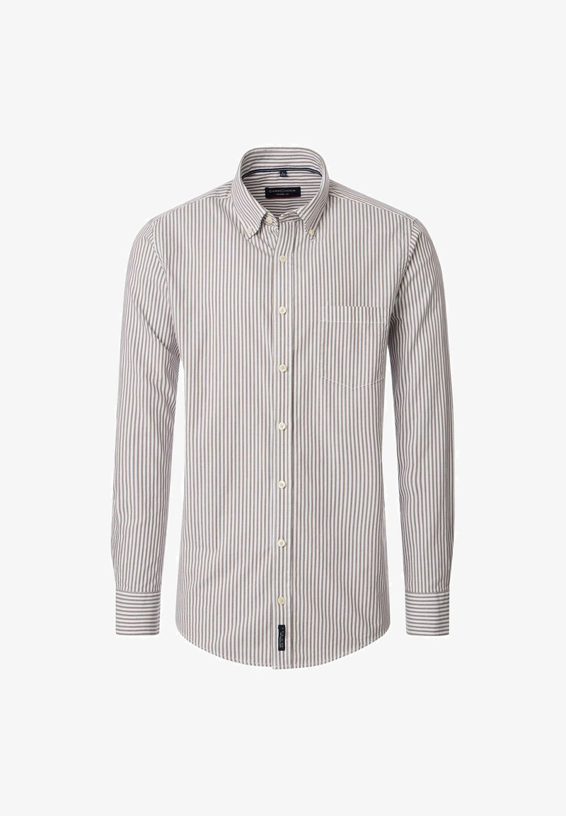 Heren overhemd met lange mouwen en knoopsluiting, voorzien van bruine en witte verticale strepen en een borstzak, gepresenteerd tegen een witte achtergrond.