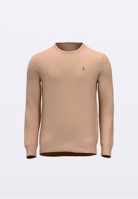 Světlý béžový svetr z pletené látky, s kulatým výstřihem, dlouhými rukávy a malým vyšívaným logem na levé straně hrudi.