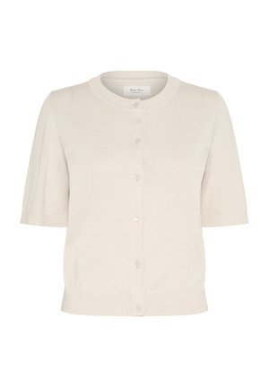 Cardigan à manches courtes en maille beige clair, doté d'un col rond, d'une fermeture à boutons sur le devant et d'un ourlet et de poignets côtelés.