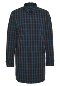 Lungo cappotto a quadri con colori blu scuro, verde e nero. Materiale misto cotone, colletto a punta e polsini con bottone. Inclusi taschini laterali.