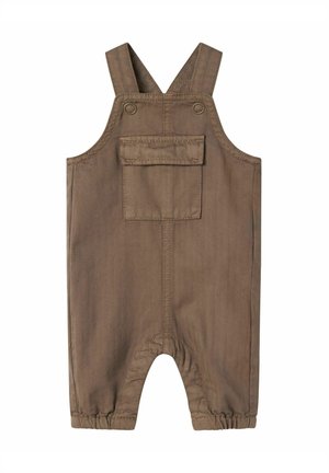 Salopette en denim marron avec bretelles réglables, comprenant une poche avant et des poignets élastiques pour un ajustement sûr. Texture douce, design simple.