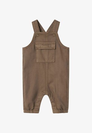 Salopette en denim marron avec bretelles réglables, comprenant une poche avant et des poignets élastiques pour un ajustement sûr. Texture douce, design simple.