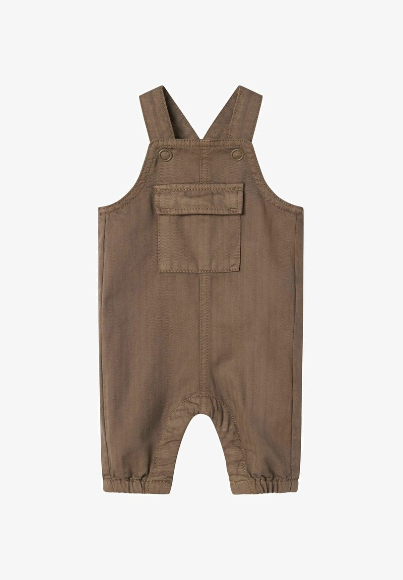 Braune Denim-Latzhosen mit verstellbaren Trägern, ausgestattet mit einer Vordertasche und elastischen Bündchen für eine sichere Passform. Weiche Textur, einfaches Design.