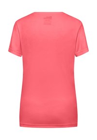 T-shirt corallo a maniche corte con collo rotondo. Tessuto morbido e leggero progettato per il comfort. Nessun motivo visibile o decorazione.