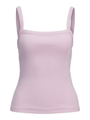 Lys lilla ribbestrikket tanktopp med firkantet utringning og tynne skulderstropper, tettsittende snitt, vist på en enkel hvit bakgrunn.