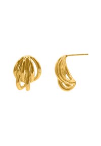 Orecchini color oro con un design a strati e a spirale, caratterizzati da superfici lisce e lucide e sezioni aperte, che enfatizzano una forma moderna e intricata.