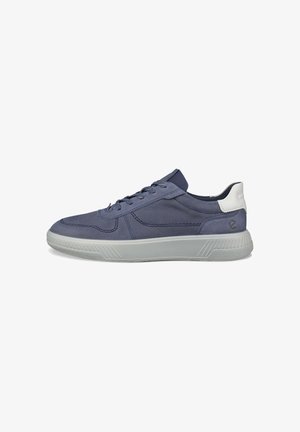 Marineblaue Sneaker mit Obermaterial aus Leder und Mesh, grauer Gummisohle, runder Zehenform, fünf Ösen Schnürverschluss und dezentem Logo an der Ferse.