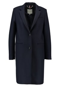 Abrigo azul marino hecho de una tela suave, con un cierre de un solo botón, dos bolsillos frontales y un diseño de solapa con muesca. Etiqueta interior visible.