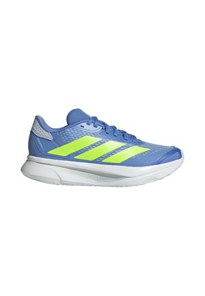 Blue running shoes with mesh fabric, neon green accents, and a lightweight white sole. Features a textured design for breathability.