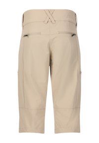 Beiga cargoshorts i lättviktig tyg, med hög midja, korskryssade axelremmar och två zippsidofickor.