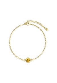 Goldene Kettenarmband mit einem runden gelben Edelstein in der Mitte, verstellbarem Verschluss und zartem Glieddesign.
