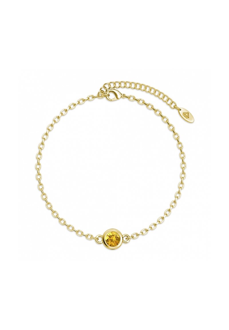 Goldene Kettenarmband mit einem runden gelben Edelstein in der Mitte, verstellbarem Verschluss und zartem Glieddesign.
