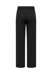 Zwarte, wijd uitlopende broek met een elastische tailleband. Gemaakt van een glad, lichtgewicht stof, met een eenvoudig, onopgesmukt ontwerp.