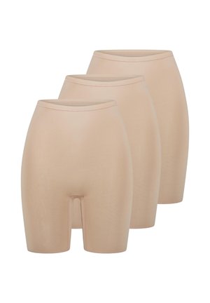 Three beige seamless high-waist shaping shorts with mid-thigh length arranged in a staggered row on a white background.