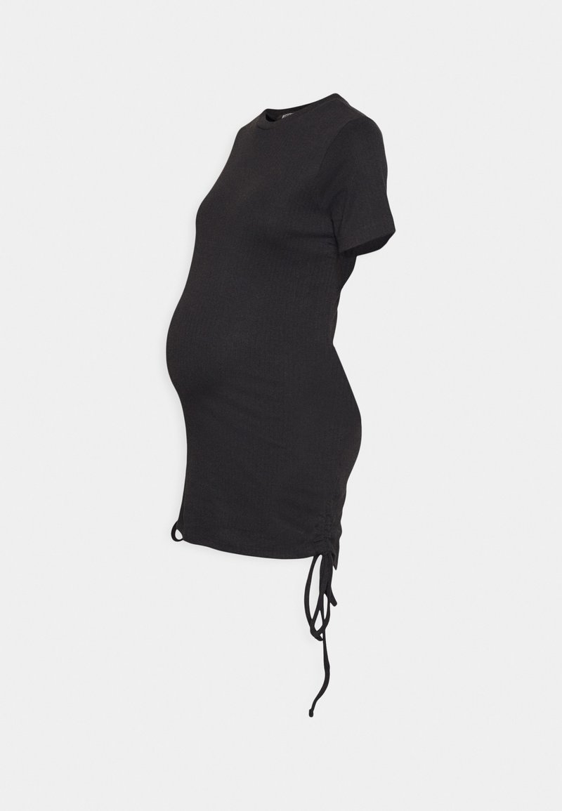 T-shirt de maternidade preto com design ajustado, apresentando mangas curtas, gola redonda e cordões ajustáveis na bainha para um ajuste personalizável.