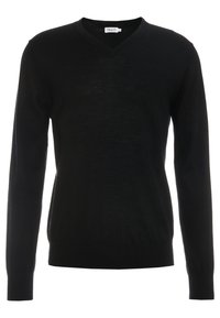 Maglione nero a scollo a V, maniche lunghe, tessuto knit leggero, design aderente, polsini e orlo a coste, stile minimalista, senza motivi visibili.